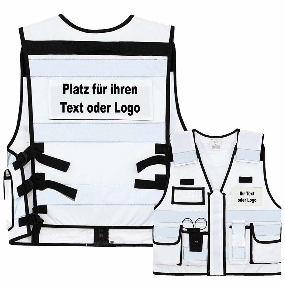 weiße Tactical Weste Bonn mit reflektierenden Streifen und austauschbaren Patches für Text oder Logo